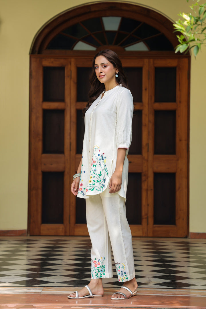 White Cotton Embroidered Designer Co-ord Set
