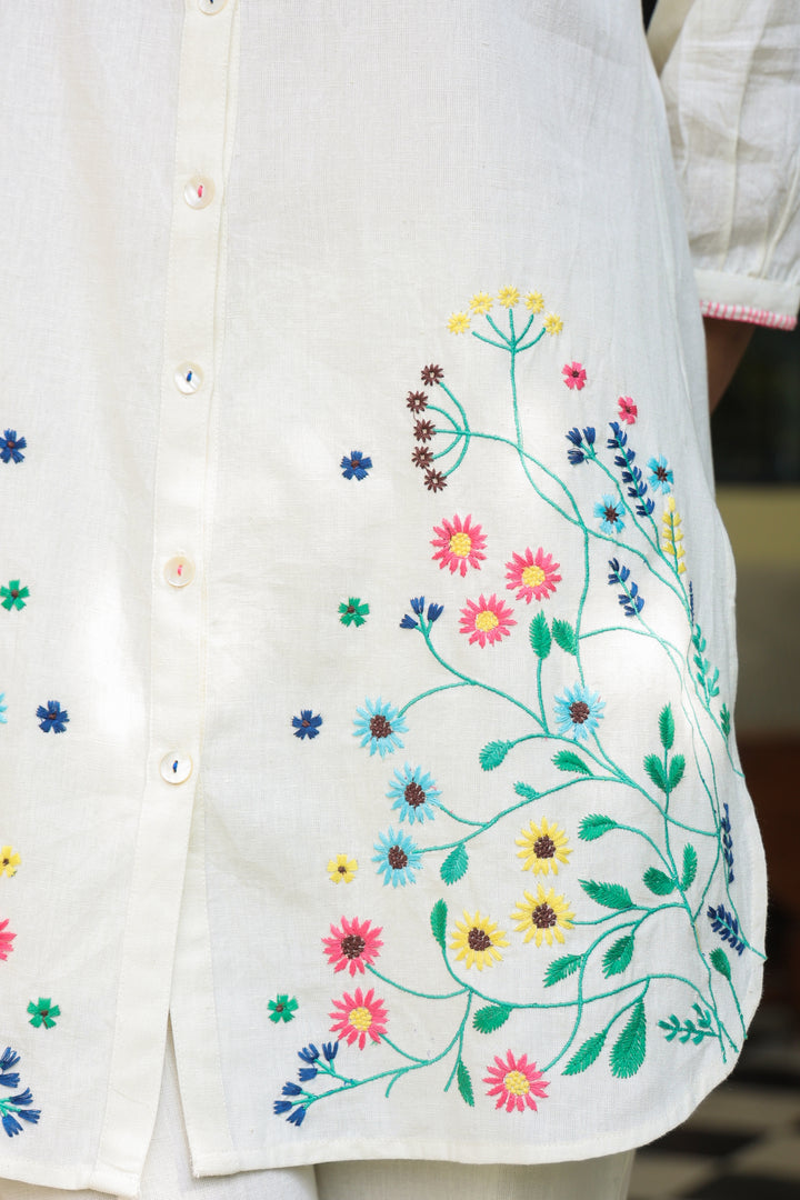 White Cotton Embroidered Designer Co-ord Set