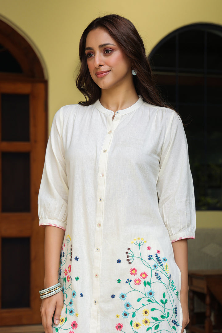 White Cotton Embroidered Designer Co-ord Set