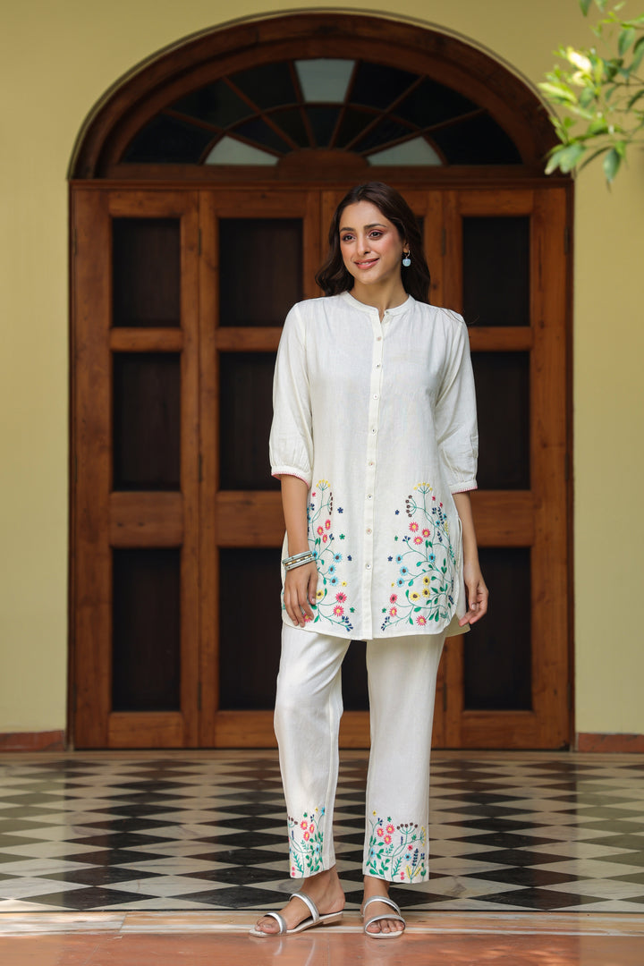 White Cotton Embroidered Designer Co-ord Set