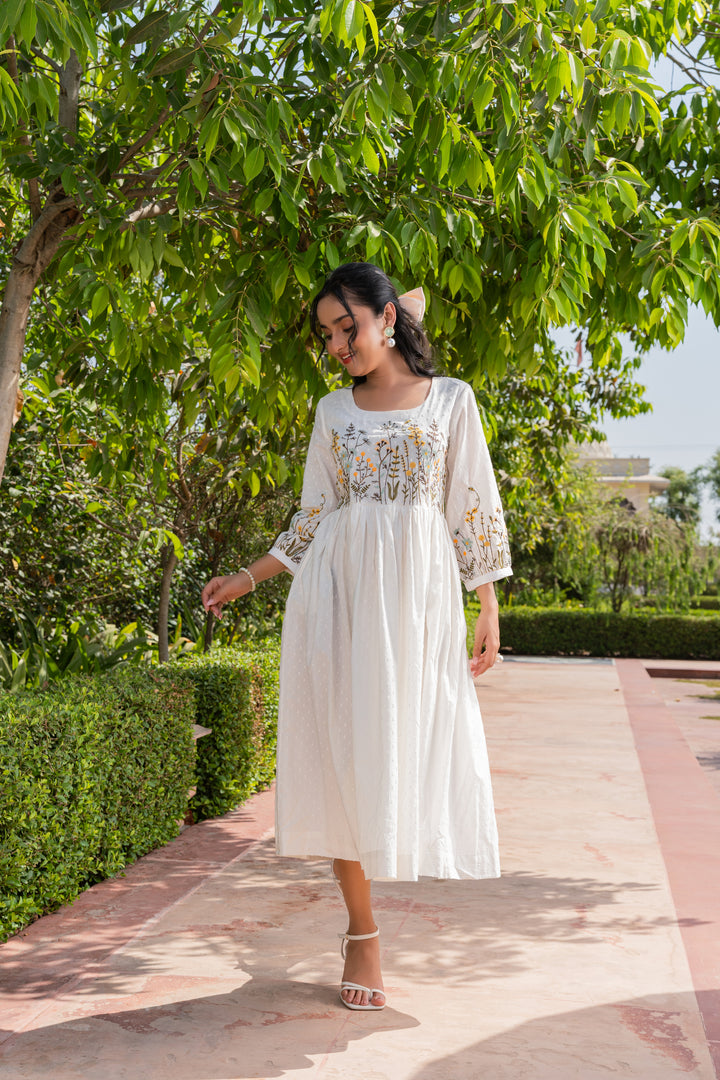 White Cotton Embroidered Designer Flared Dress