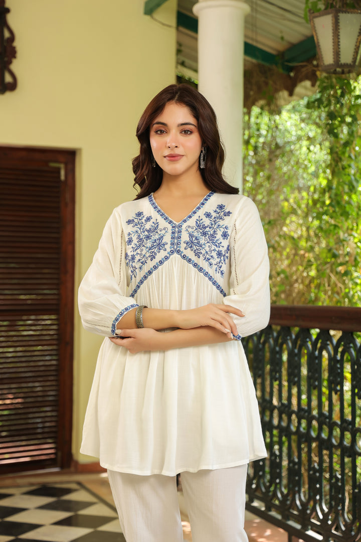 White Cotton Embroidered Top