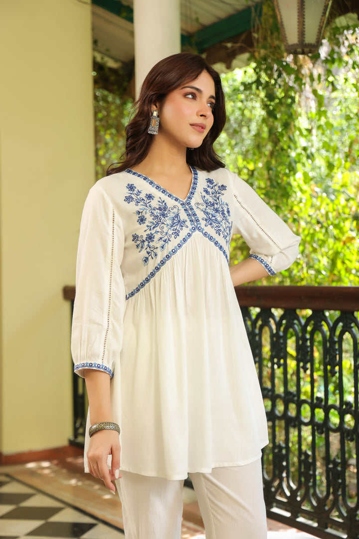 White Cotton Embroidered Top