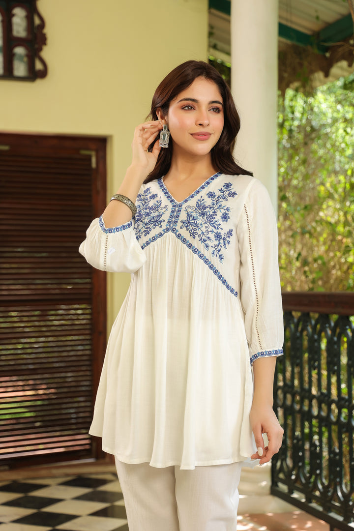 White Cotton Embroidered Top