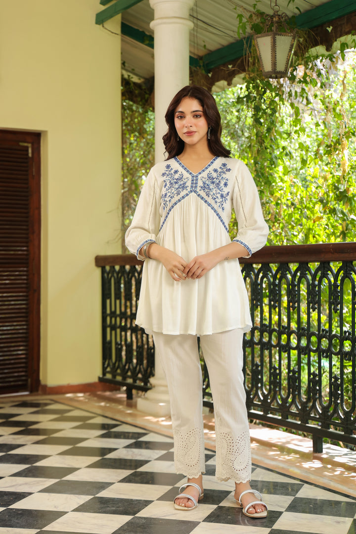 White Cotton Embroidered Top