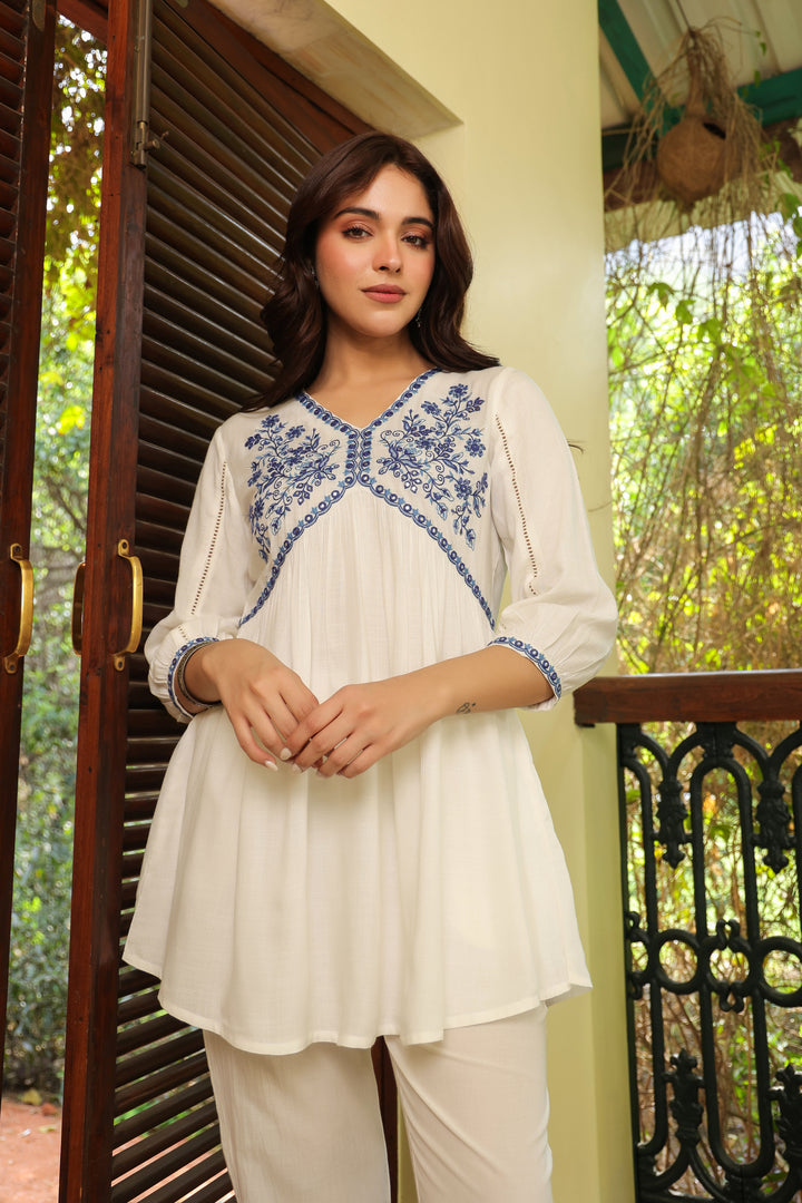 White Cotton Embroidered Top