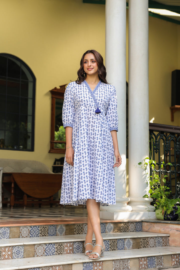 White Cotton Printed Designer Dress