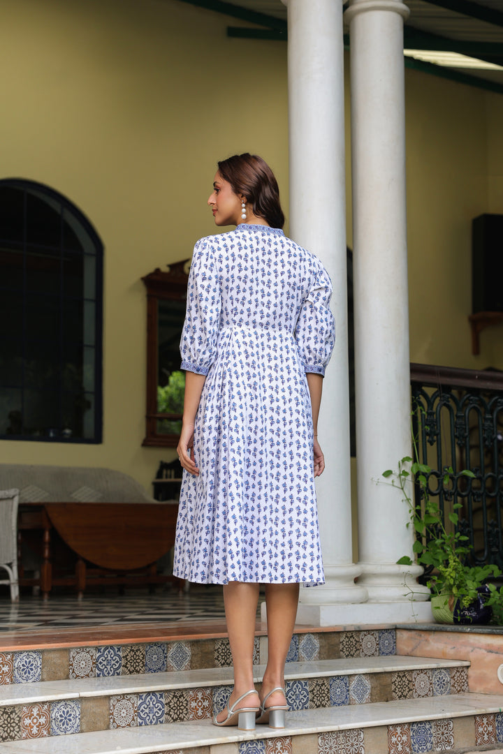 White Cotton Printed Designer Dress
