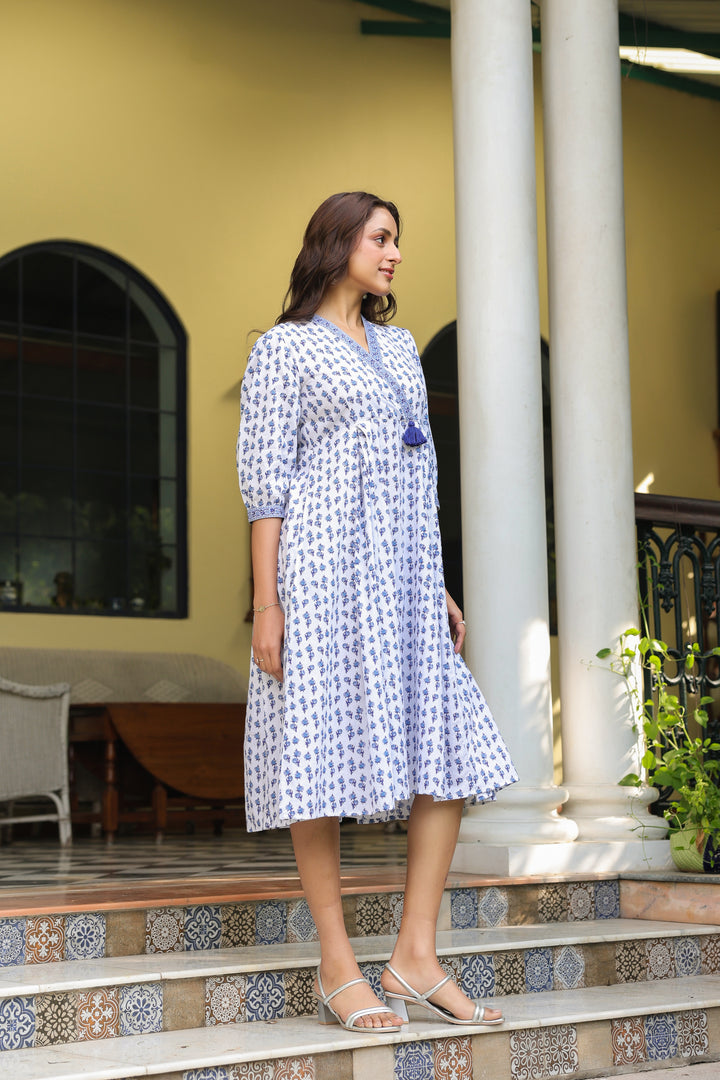 White Cotton Printed Designer Dress