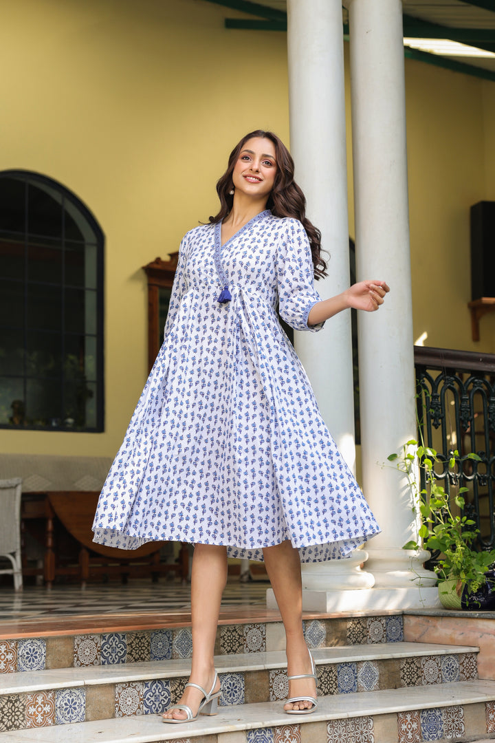 White Cotton Printed Designer Dress