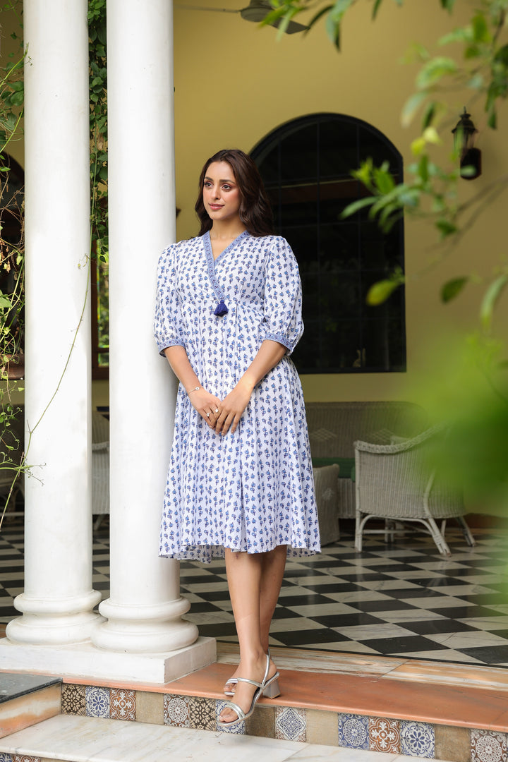 White Cotton Printed Designer Dress