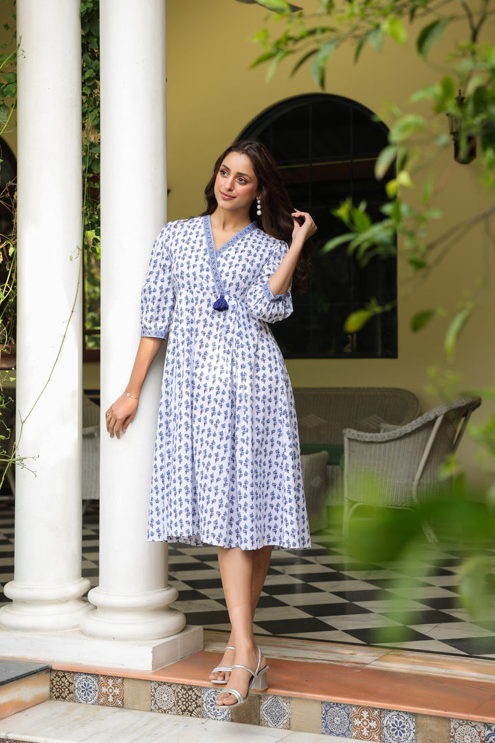 White Cotton Printed Designer Dress