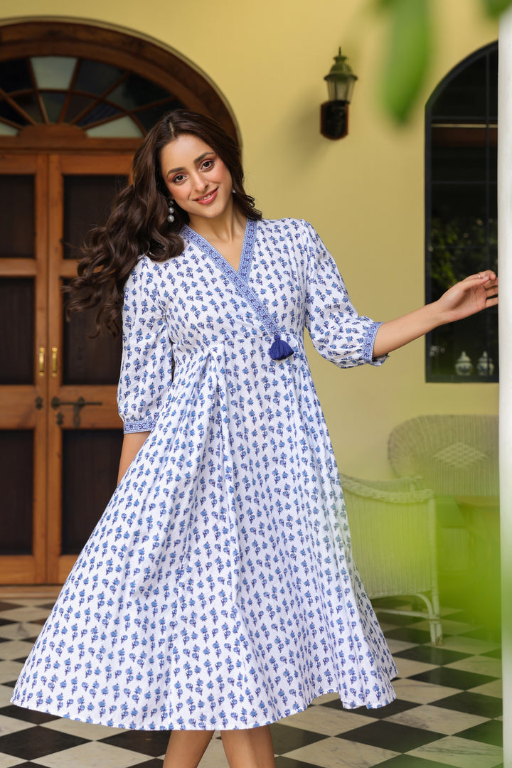 White Cotton Printed Designer Dress