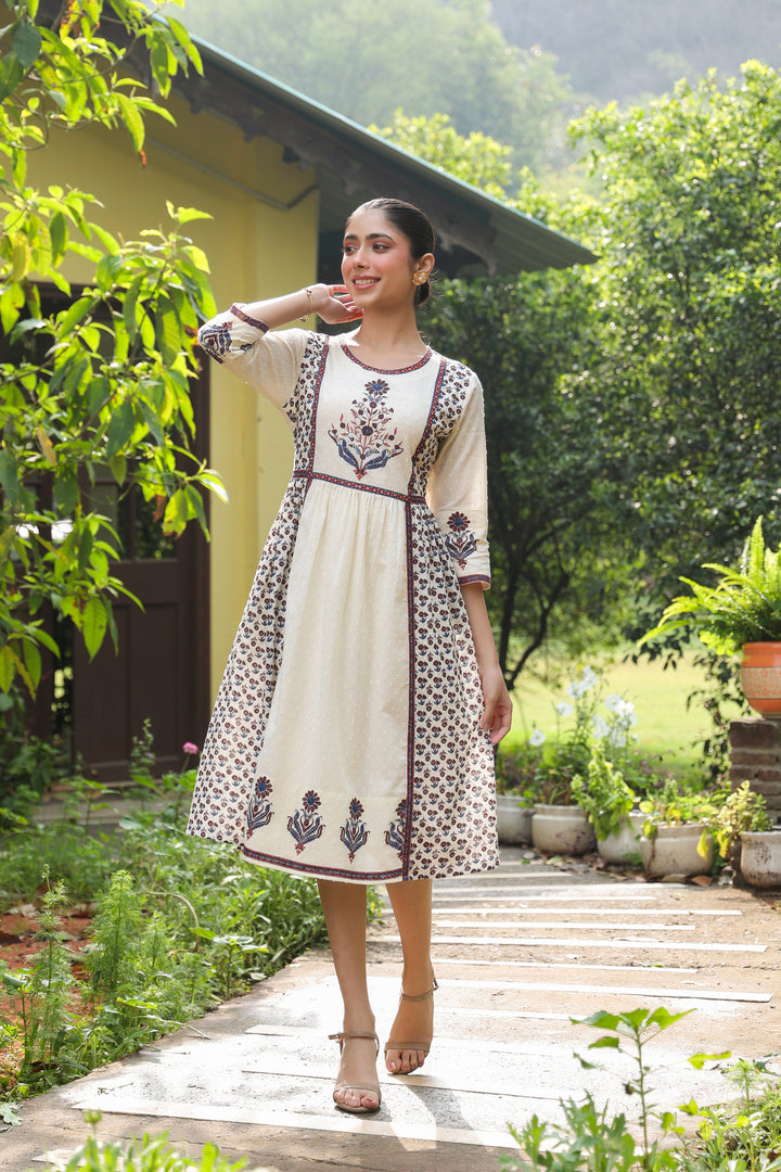 White Cotton Printed Detailed A-Line Designer Dress