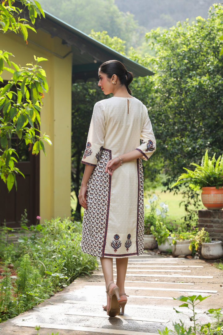 White Cotton Printed Detailed A-Line Designer Dress