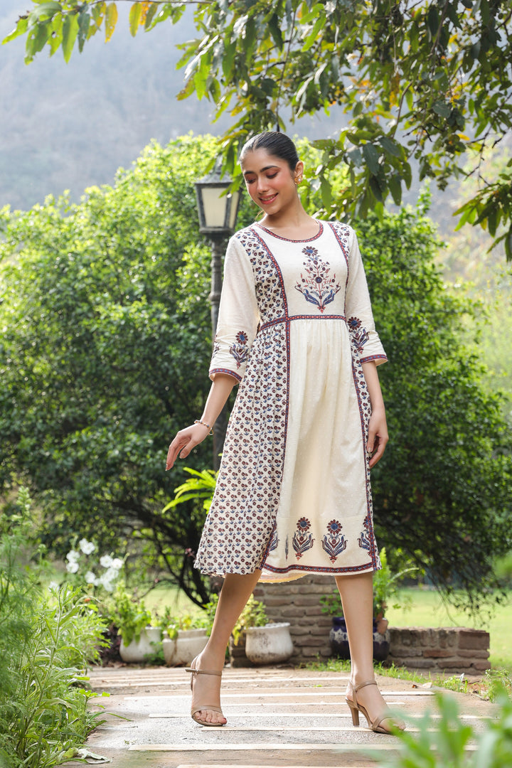 White Cotton Printed Detailed A-Line Designer Dress