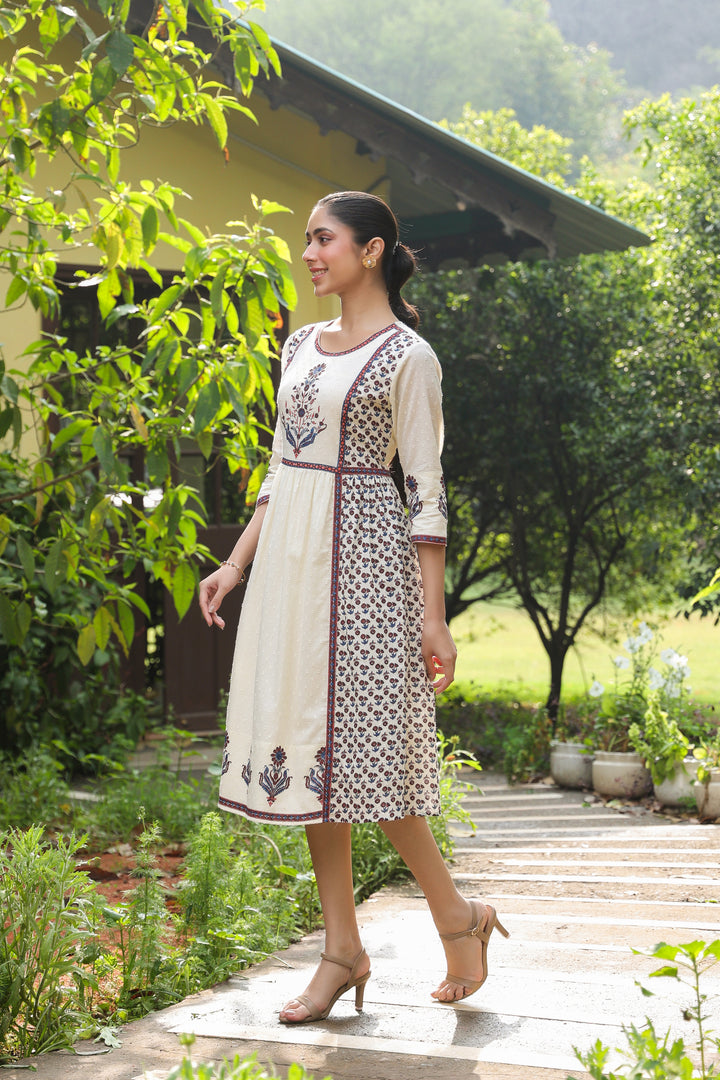 White Cotton Printed Detailed A-Line Designer Dress