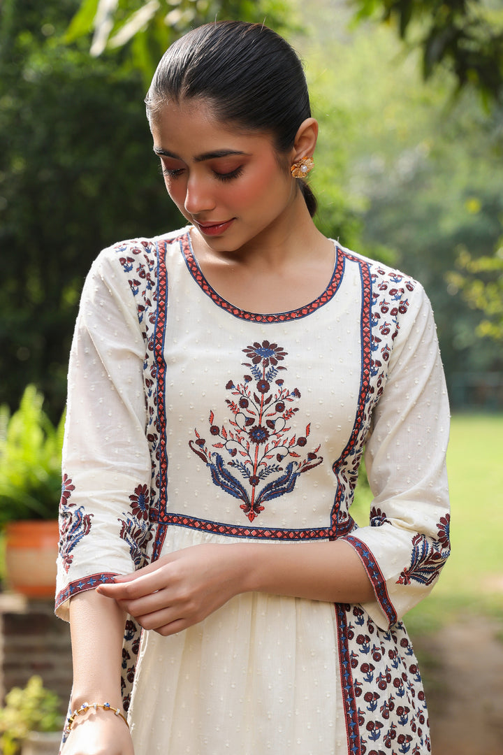 White Cotton Printed Detailed A-Line Designer Dress