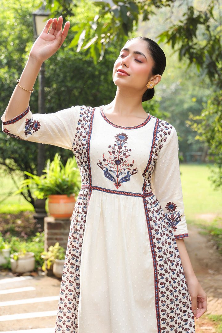 White Cotton Printed Detailed A-Line Designer Dress
