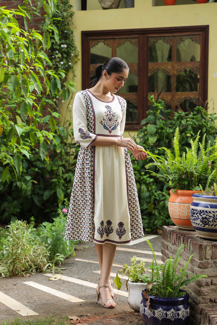 White Cotton Printed Detailed A-Line Designer Dress