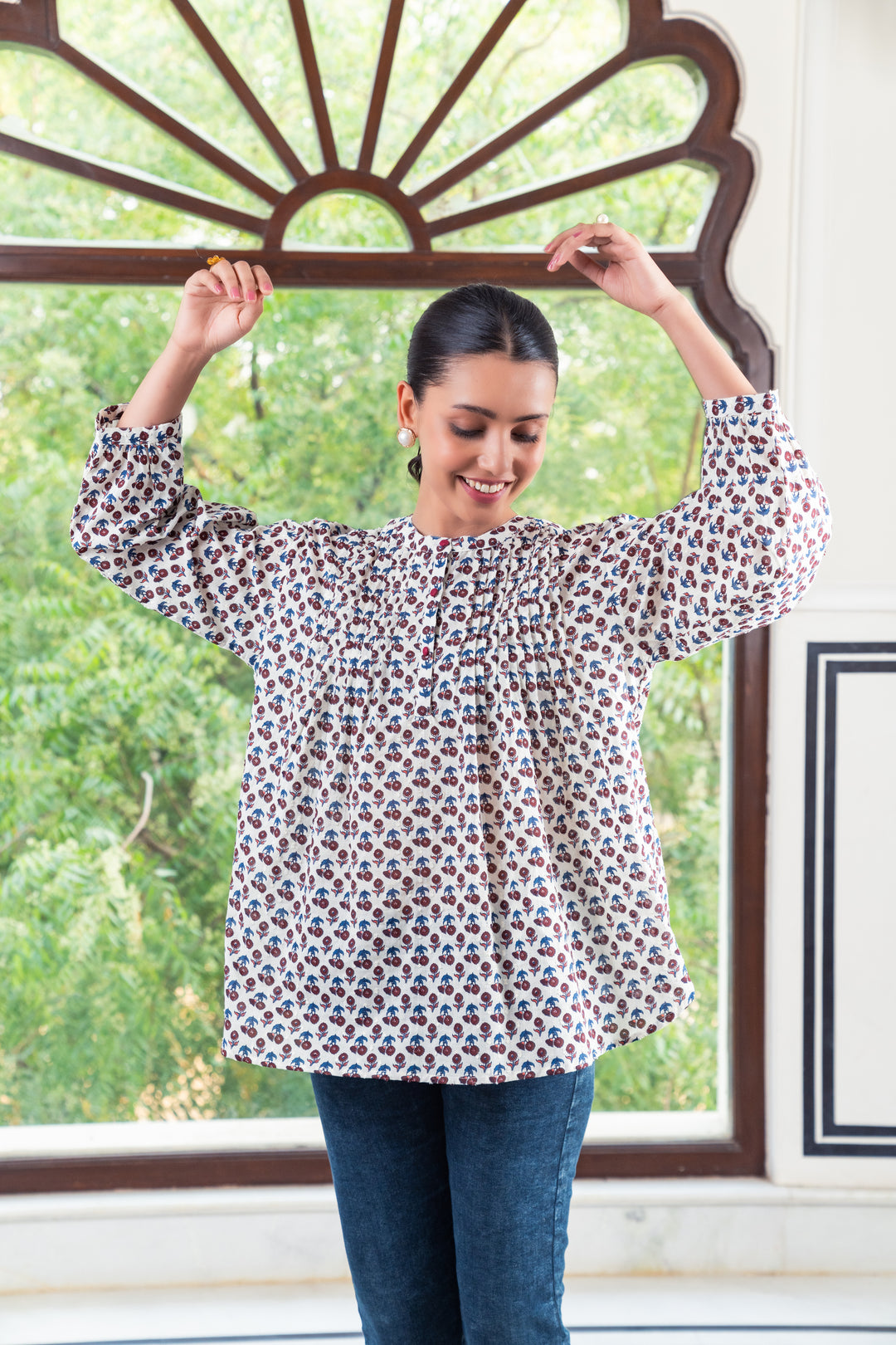White Cotton Printed Detailed A-Line Top