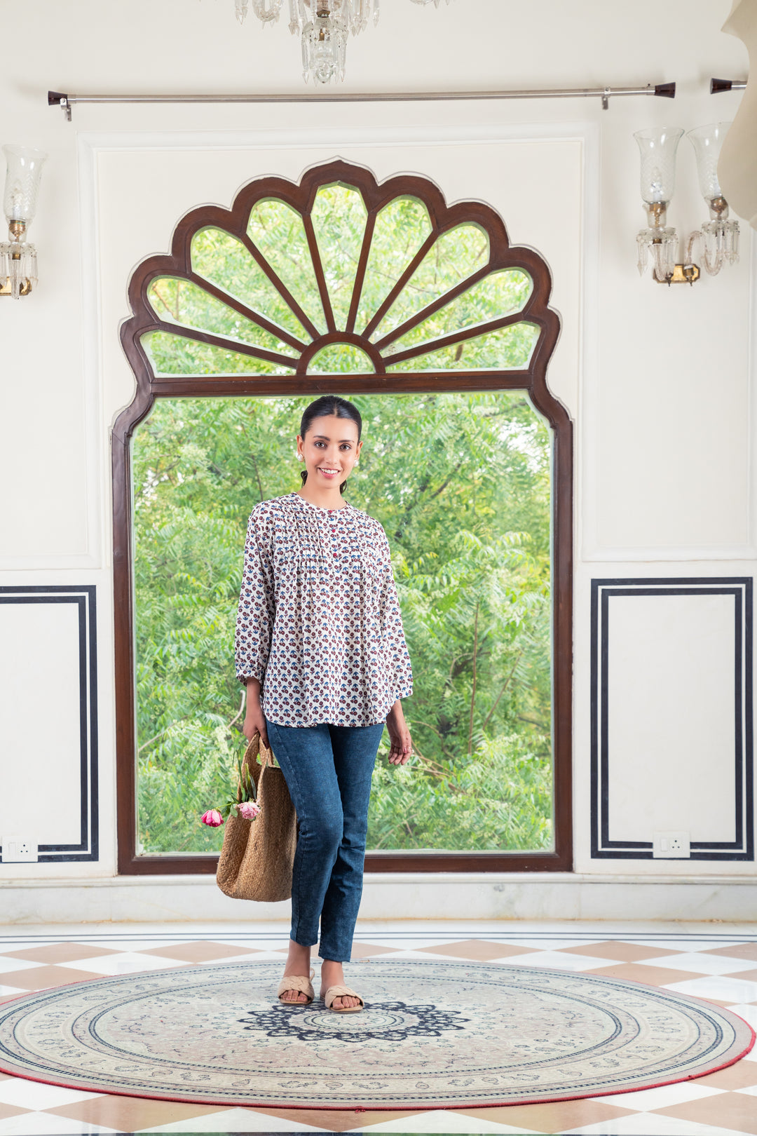 White Cotton Printed Detailed A-Line Top