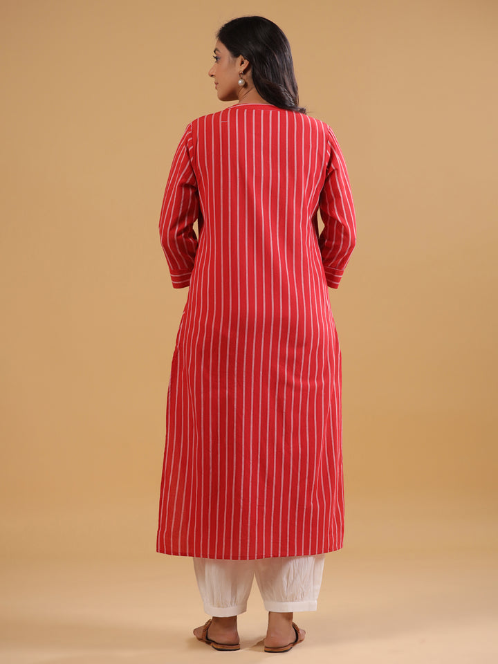 Red Yarn Dyed Mandarin Collar Kurta