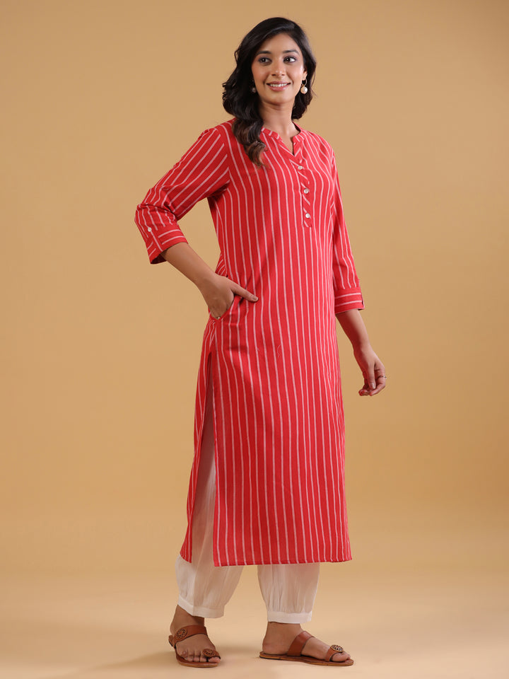 Red Yarn Dyed Mandarin Collar Kurta