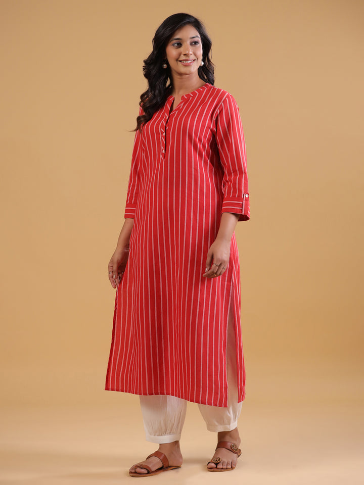 Red Yarn Dyed Mandarin Collar Kurta