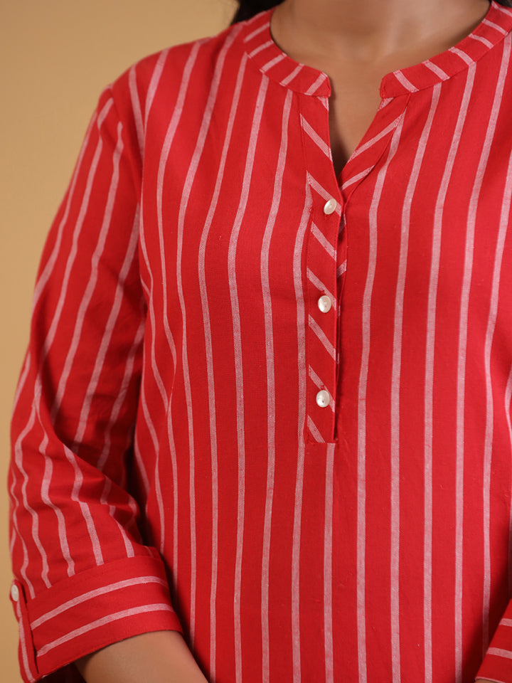 Red Yarn Dyed Mandarin Collar Kurta