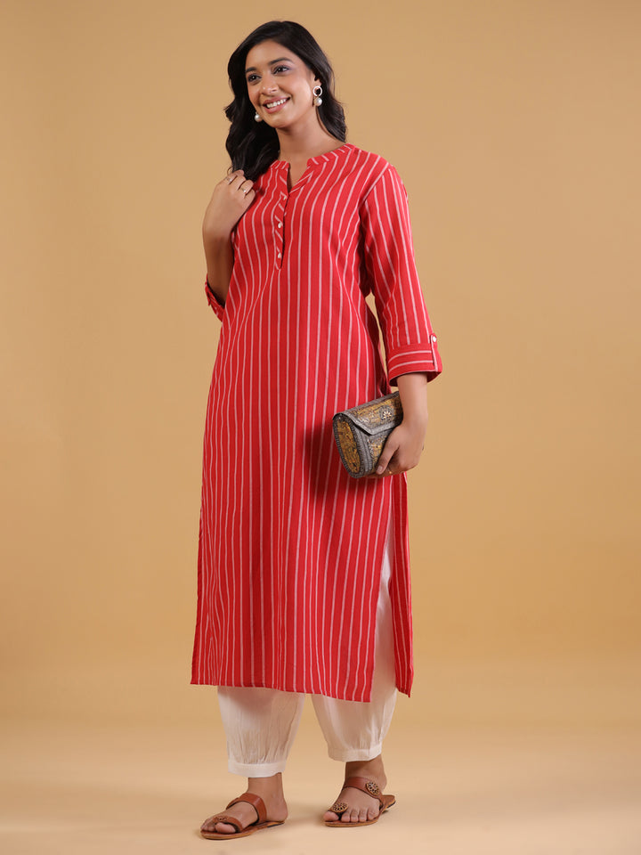 Red Yarn Dyed Mandarin Collar Kurta