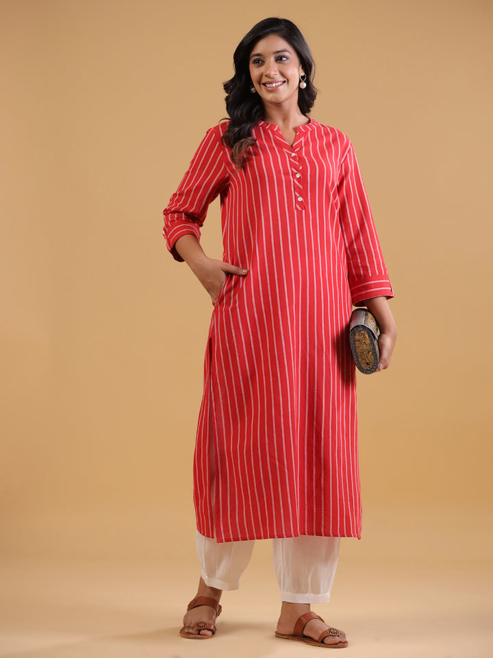 Red Yarn Dyed Mandarin Collar Kurta
