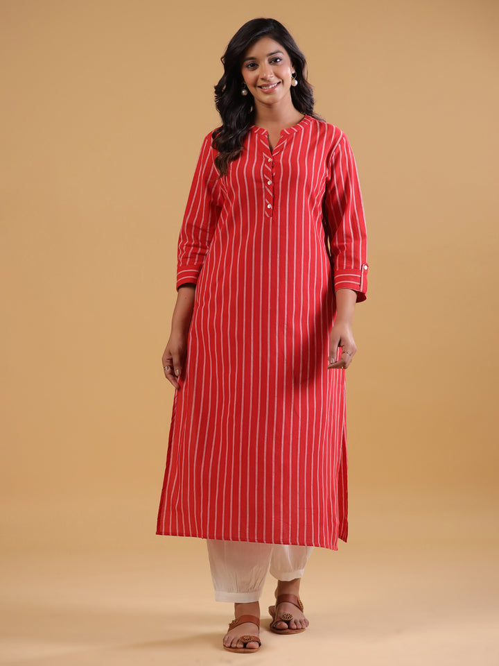 Red Yarn Dyed Mandarin Collar Kurta