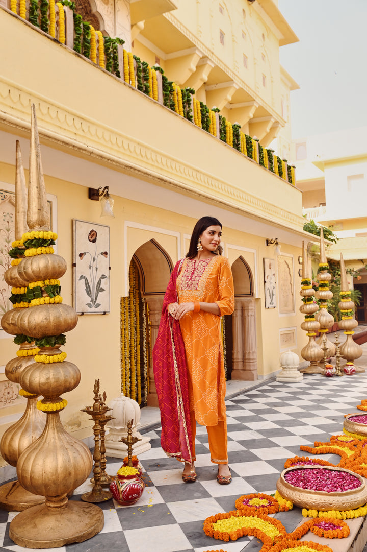 Yellow Chanderi Bandhani Print Zari Work Straight Kurta Pant Dupatta Set