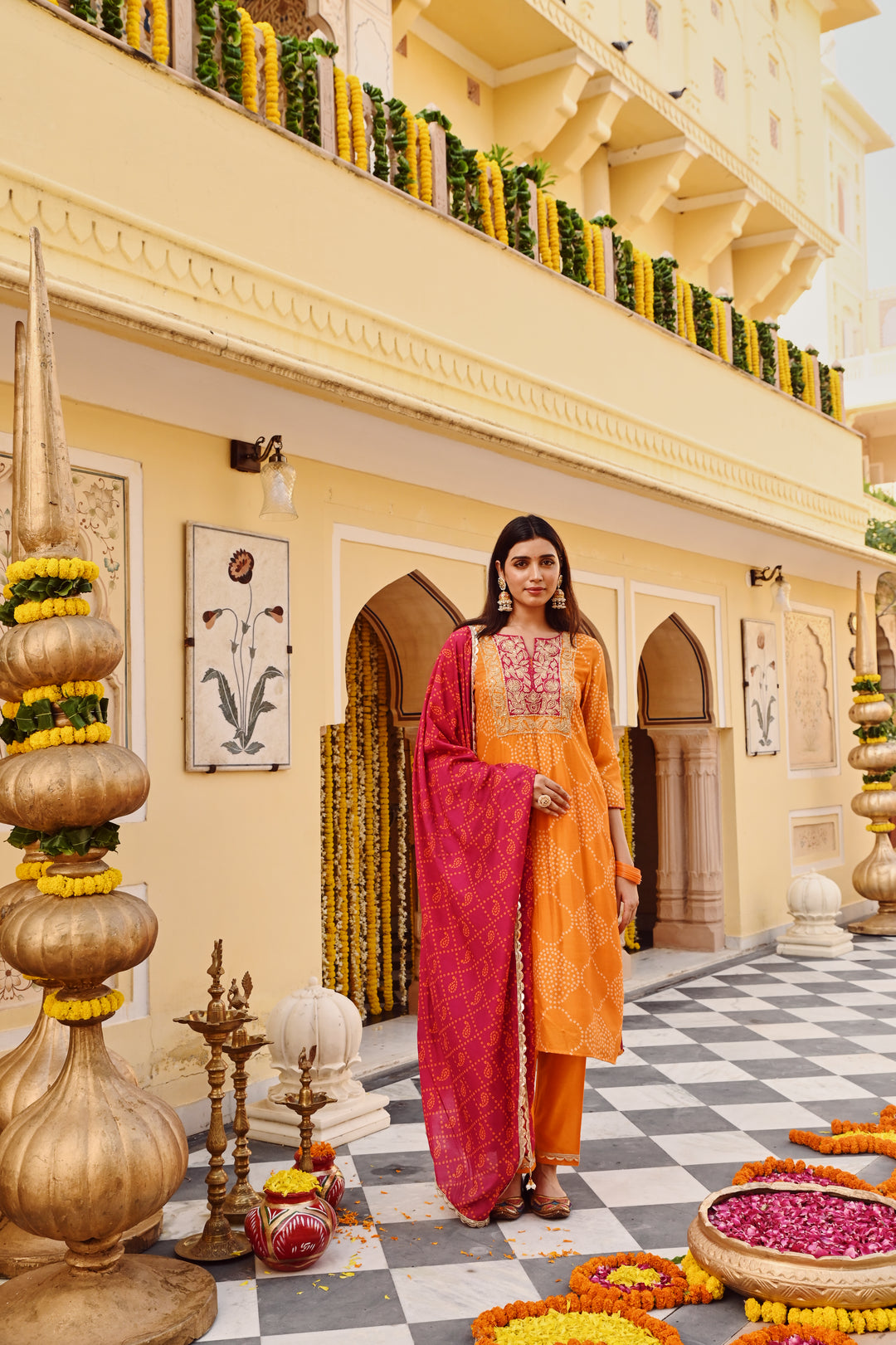 Yellow Chanderi Bandhani Print Zari Work Straight Kurta Pant Dupatta Set