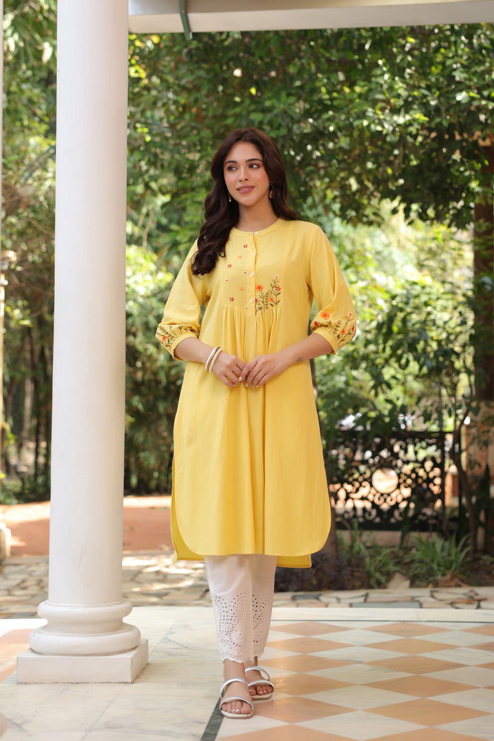 Yellow Cotton Embroidered Kurta