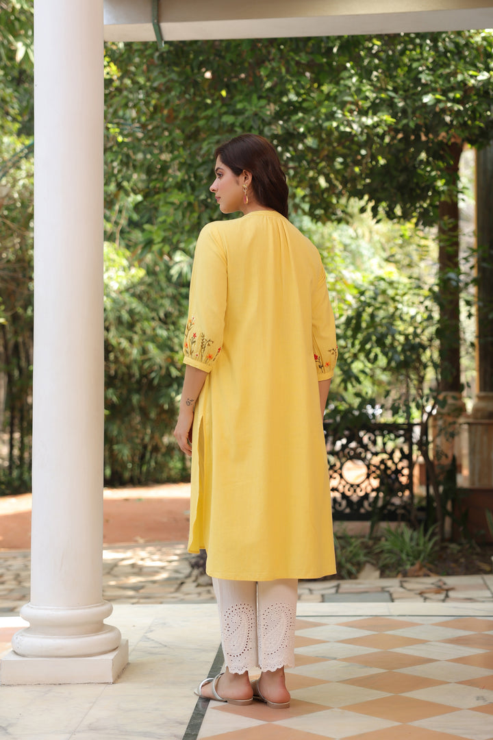 Yellow Cotton Embroidered Kurta