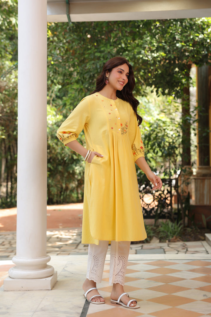 Yellow Cotton Embroidered Kurta