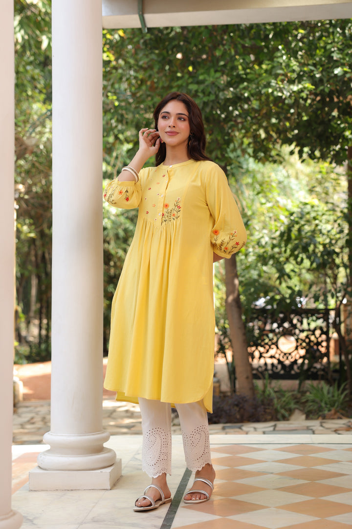 Yellow Cotton Embroidered Kurta