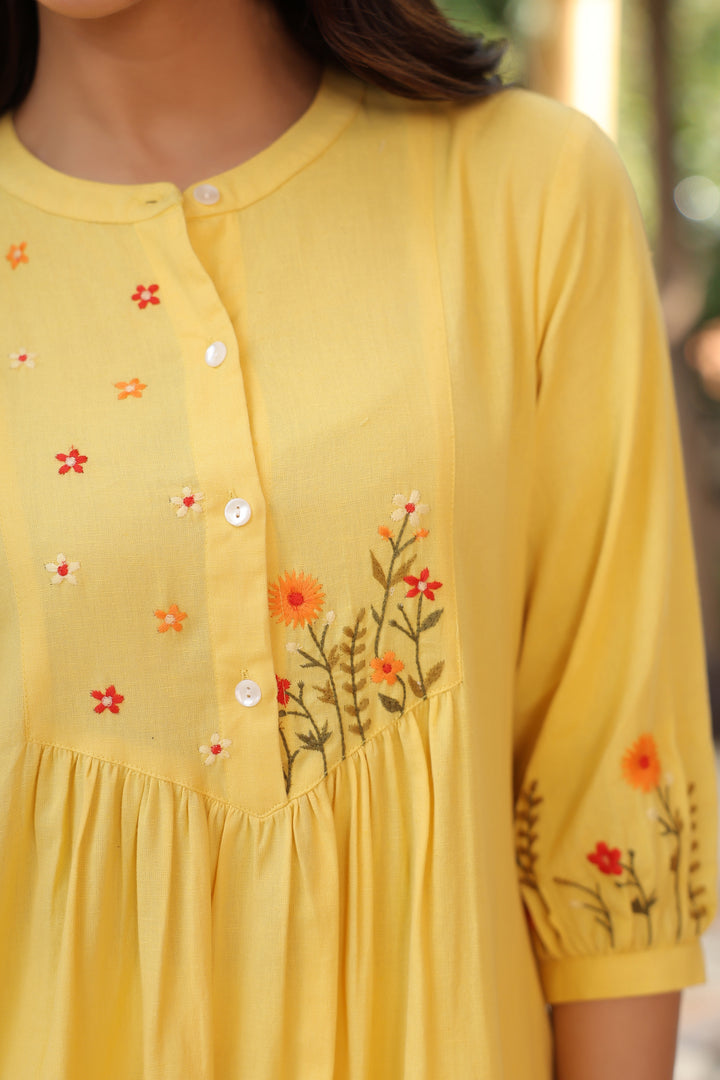 Yellow Cotton Embroidered Kurta