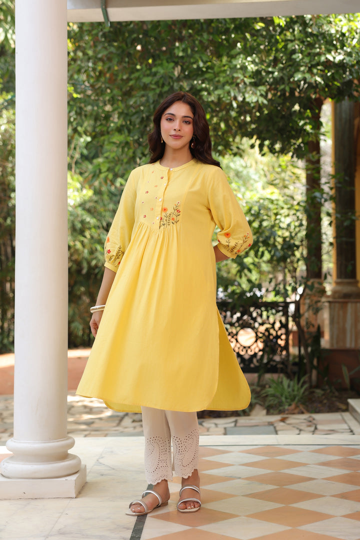 Yellow Cotton Embroidered Kurta
