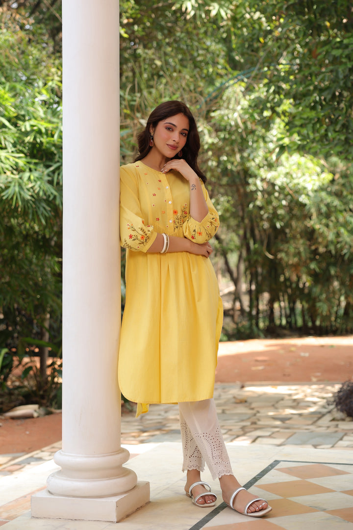 Yellow Cotton Embroidered Kurta