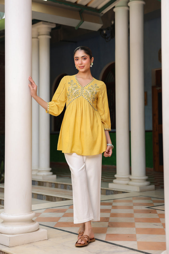 Yellow Cotton Embroidered Top