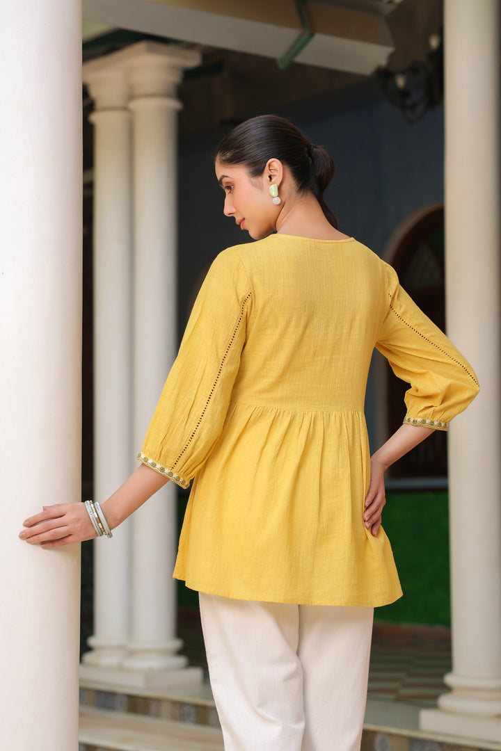 Yellow Cotton Embroidered Top