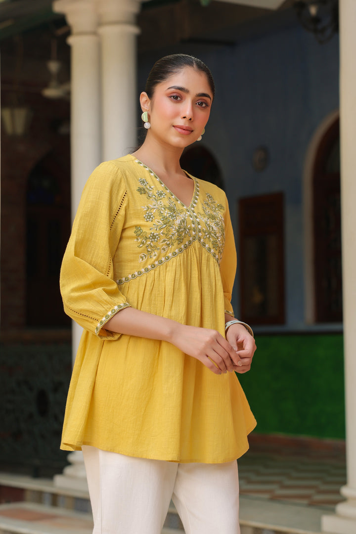 Yellow Cotton Embroidered Top