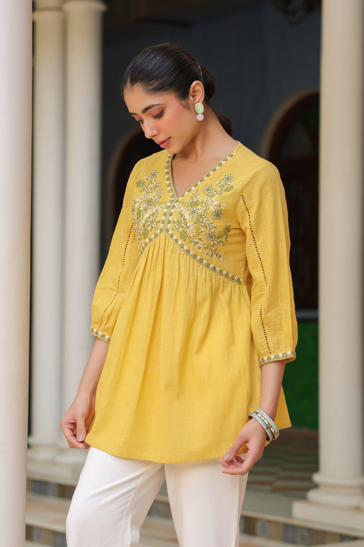 Yellow Cotton Embroidered Top