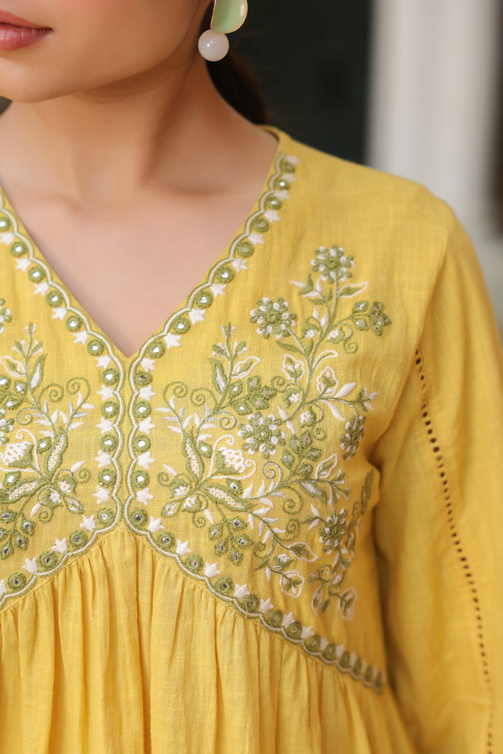 Yellow Cotton Embroidered Top