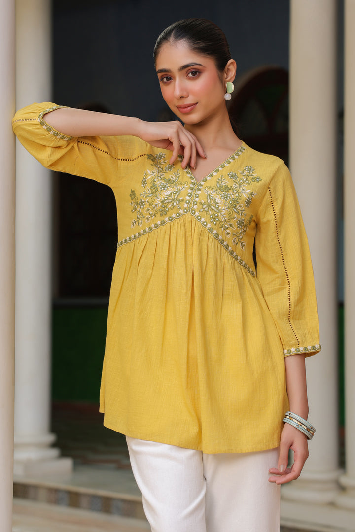 Yellow Cotton Embroidered Top