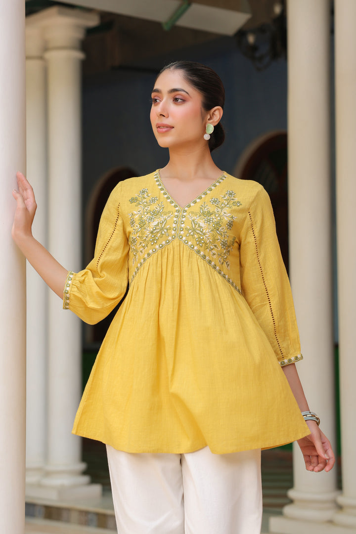 Yellow Cotton Embroidered Top