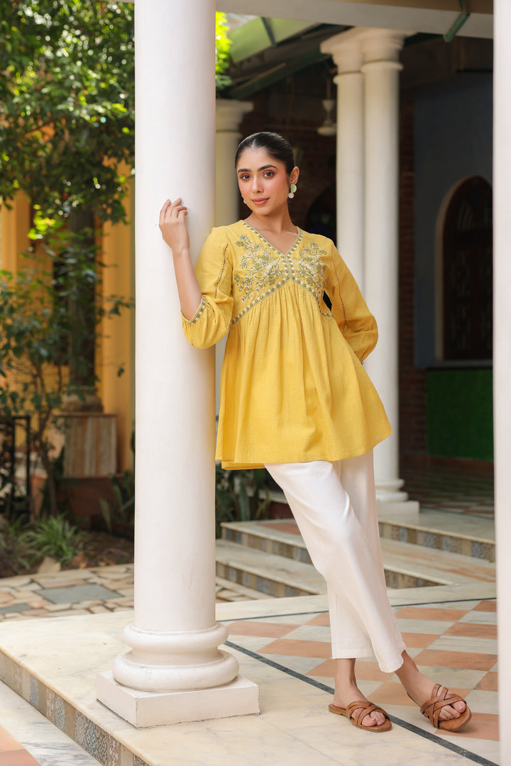 Yellow Cotton Embroidered Top